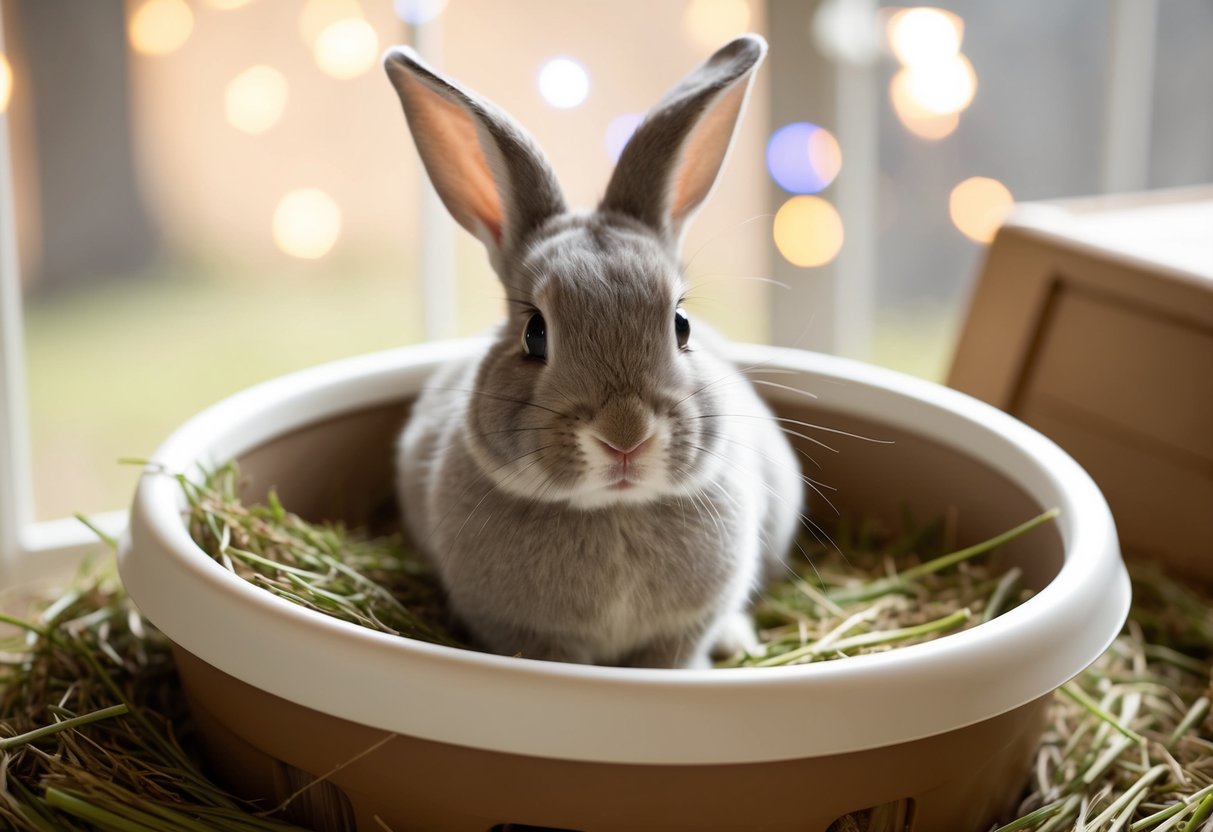 A pet rabbit sitting in a cozy hutch, surrounded by fresh hay and water, with a gentle expression on its face