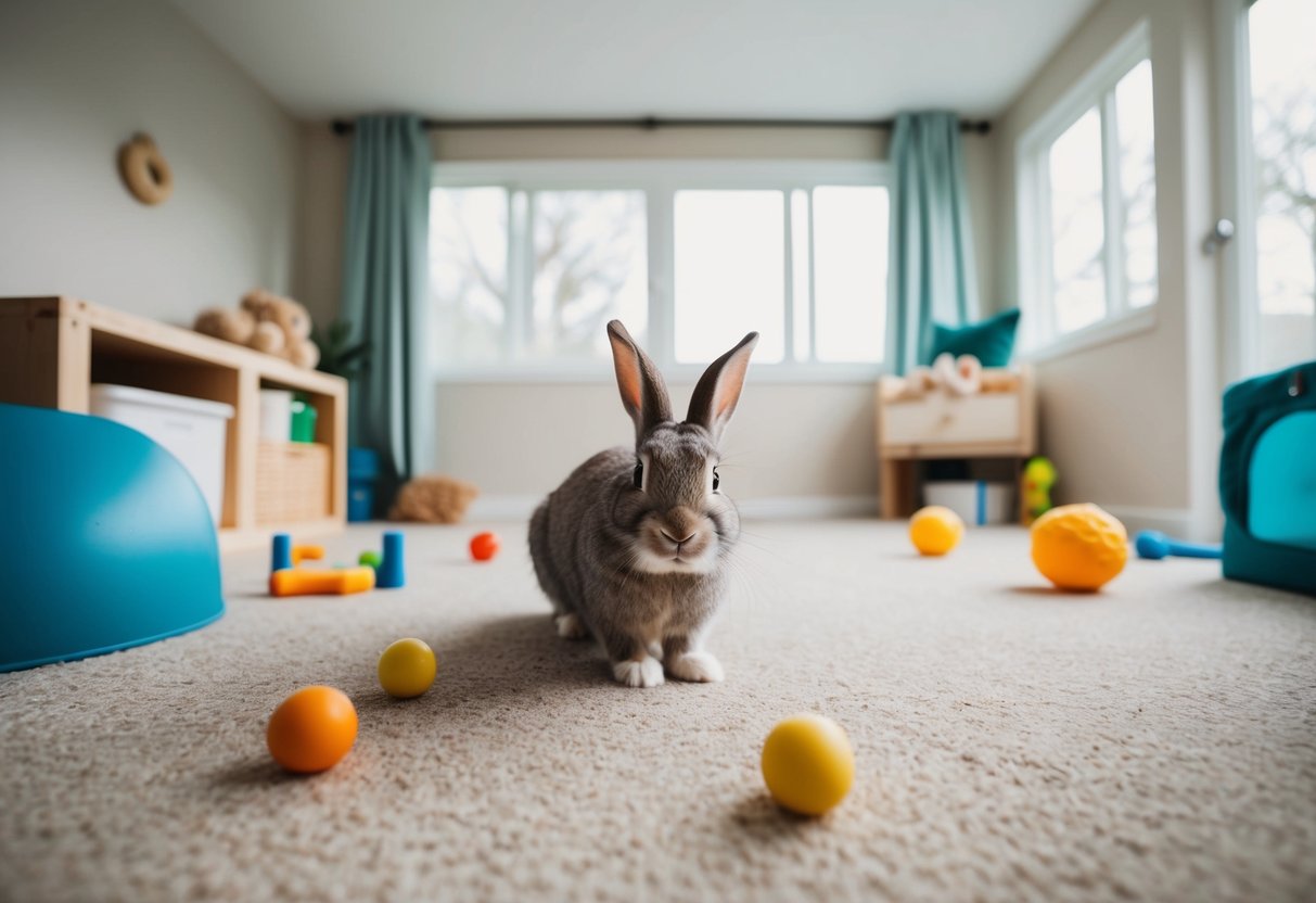 A rabbit exploring a spacious, clutter-free room with plenty of hiding spots, chew toys, and a safe, enclosed outdoor area
