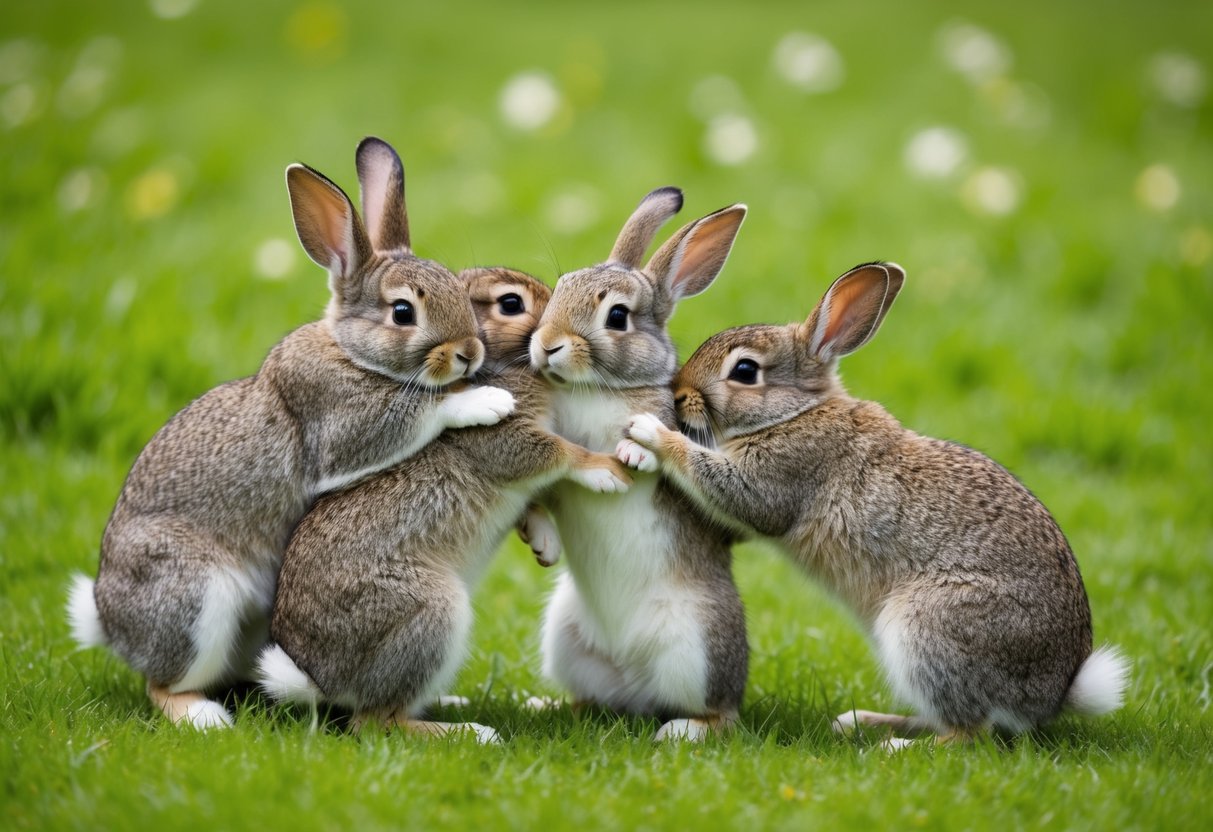 A group of rabbits cuddling together, grooming each other, and hopping playfully in a lush green meadow