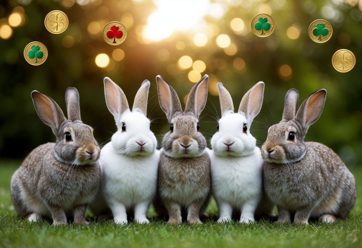 A group of rabbits surrounded by symbols of luck and fertility