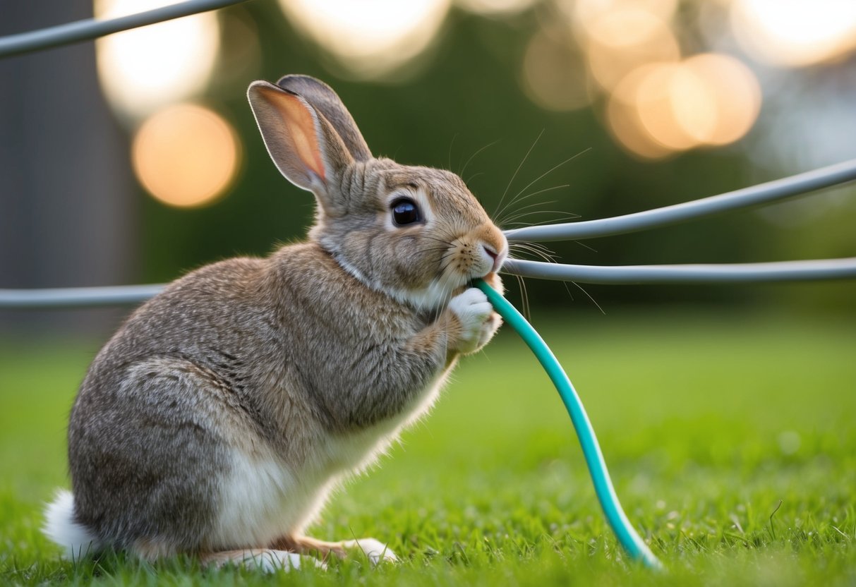 A rabbit chewing on electrical wires, causing a potential fire hazard