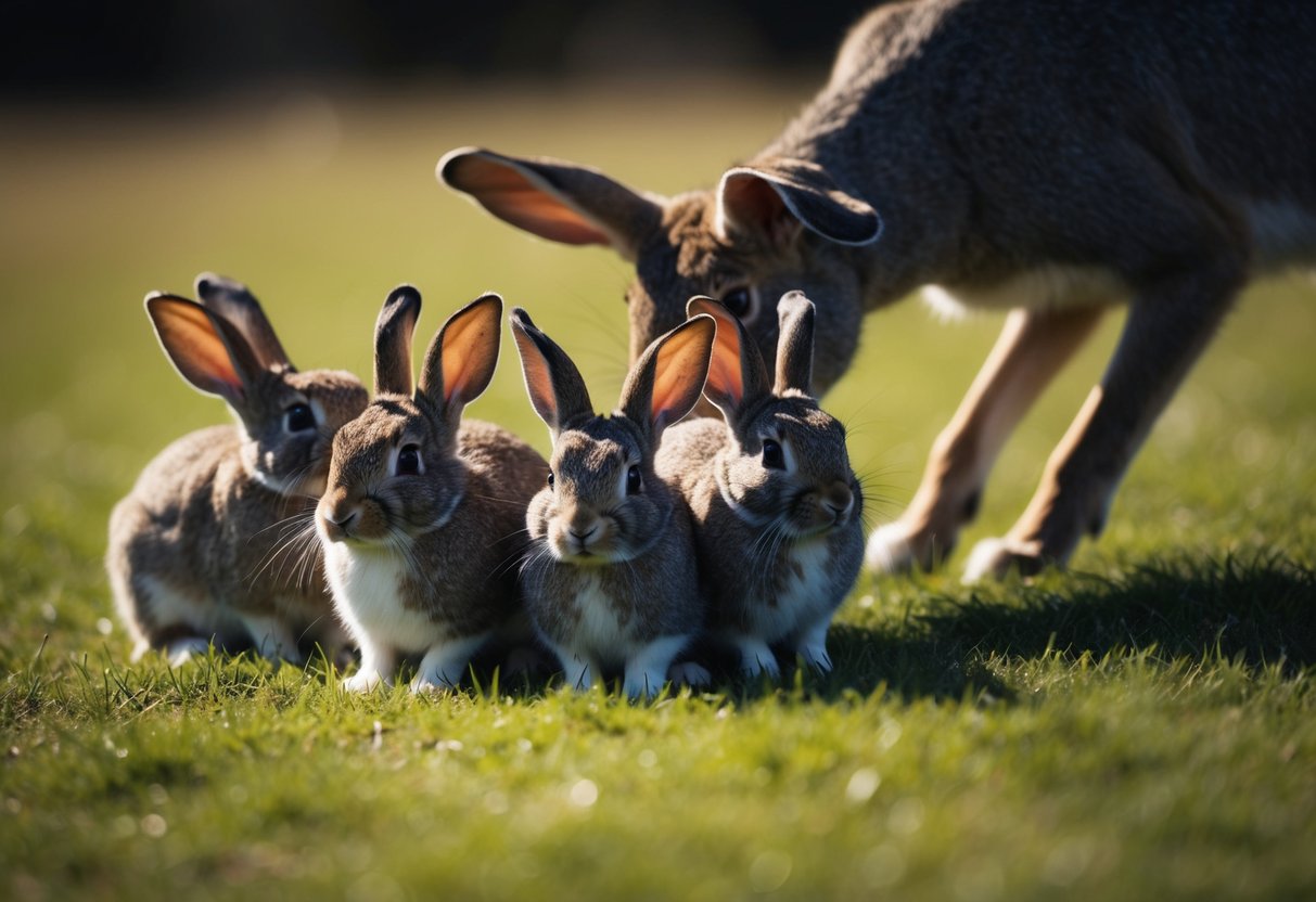 Rabbits cower from a looming shadow of a predator, their ears flattened and bodies tense, as they sense the danger nearby