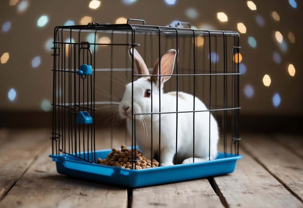 A rabbit confined in a small, barren cage, with no access to fresh food or space to hop and explore