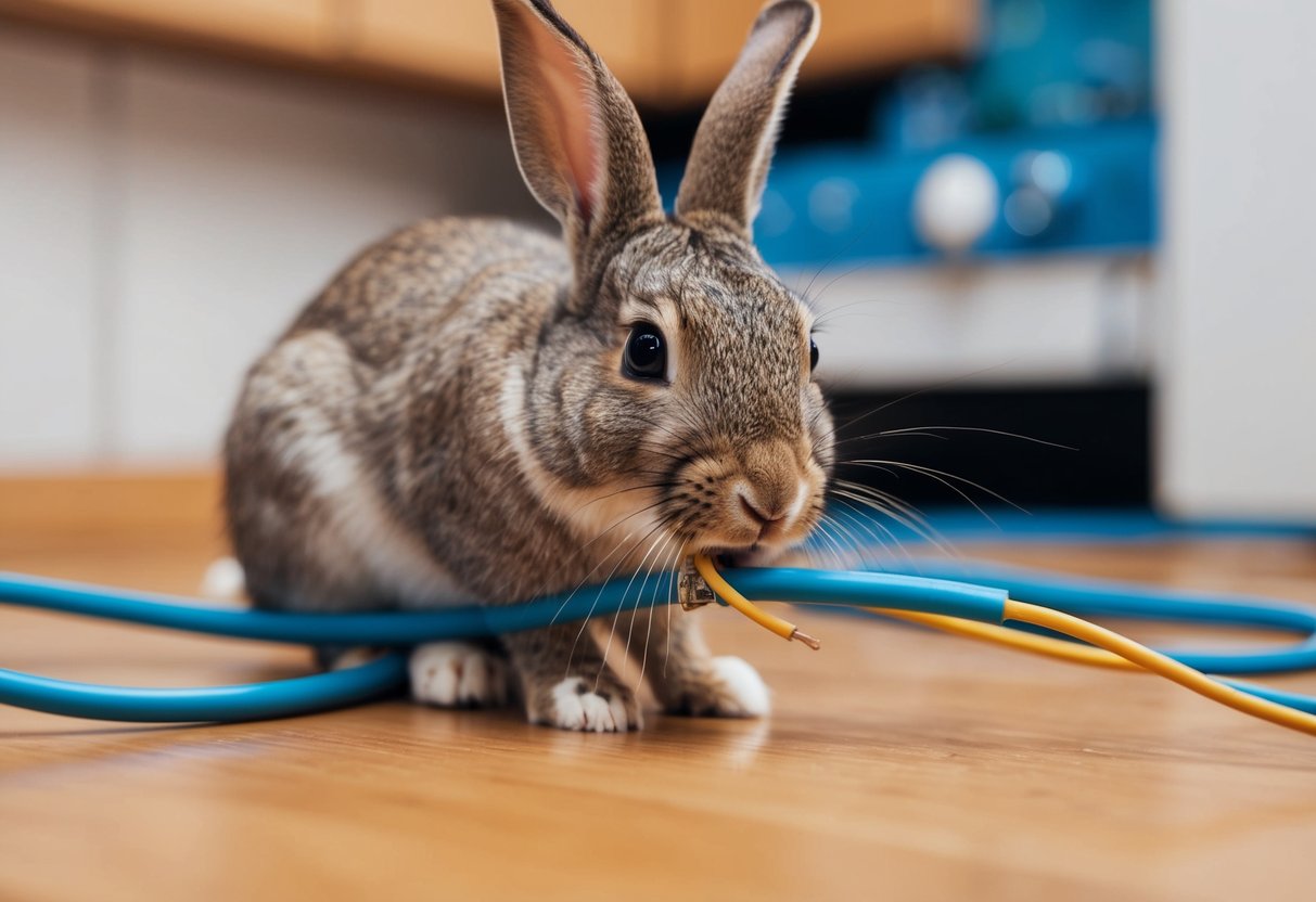 A rabbit chewing on household wires, causing a potential fire hazard
