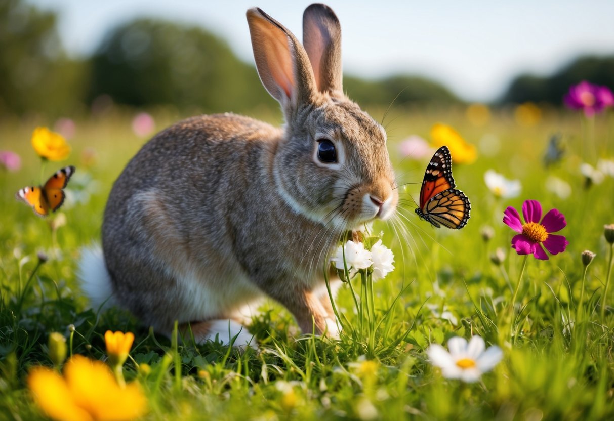 A rabbit with long ears and a fluffy tail nibbling on grass in a meadow, surrounded by colorful flowers and butterflies