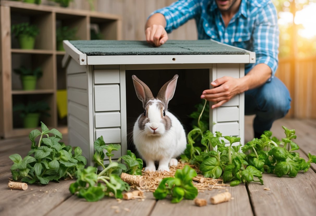 A rabbit hutch surrounded by chewed-up plants, with a frustrated owner trying to repair the damage