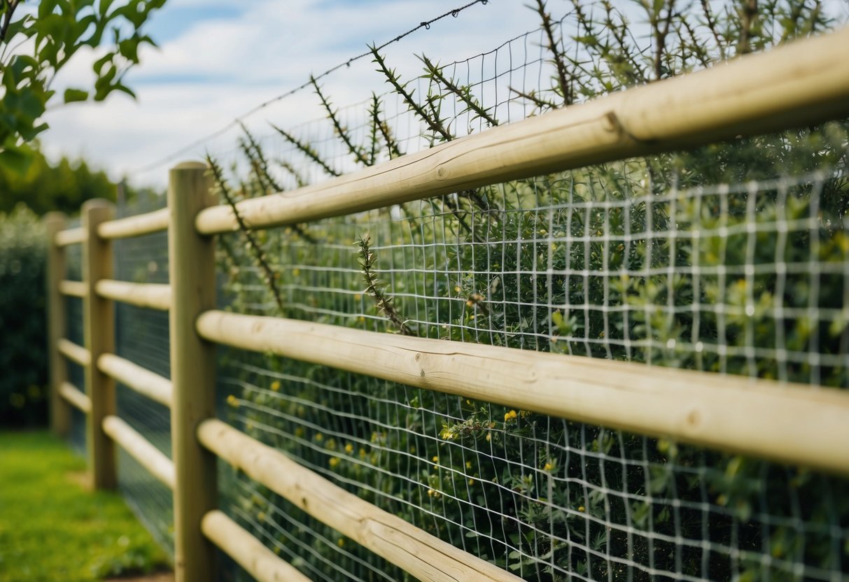 A wooden fence with mesh netting and thorny bushes surrounding a garden