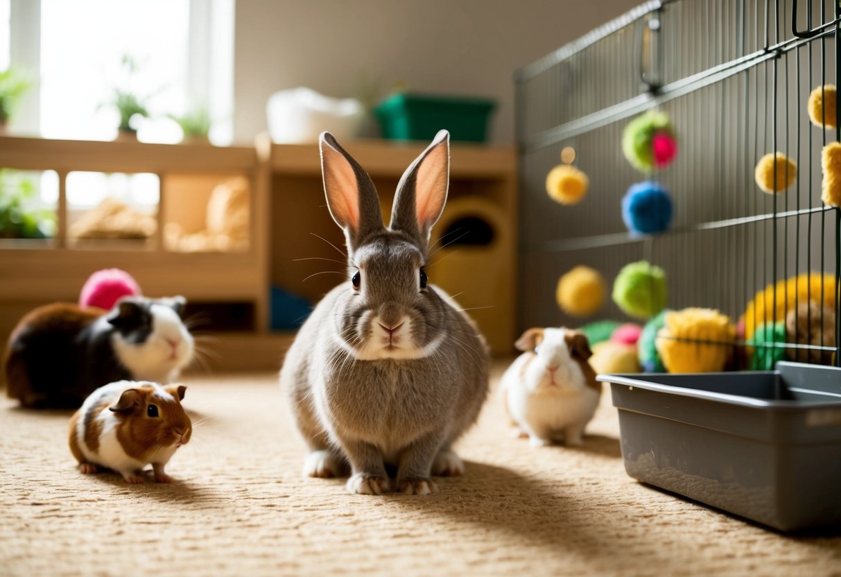 A rabbit sitting comfortably in a spacious, well-lit enclosure with plenty of hiding spots and toys, surrounded by calm and friendly animals such as guinea pigs or birds