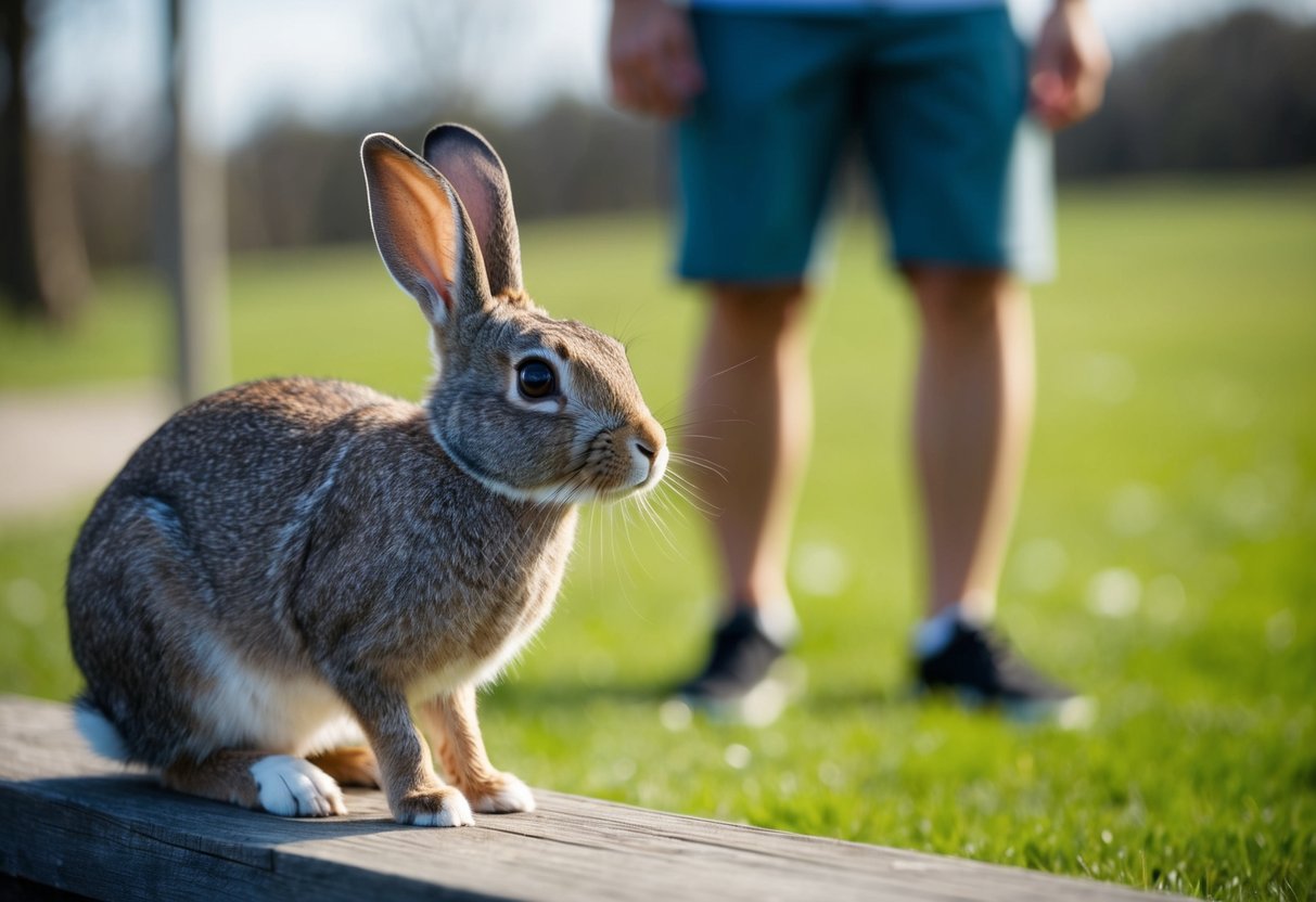 A rabbit watching a person from a distance, cautiously observing their movements