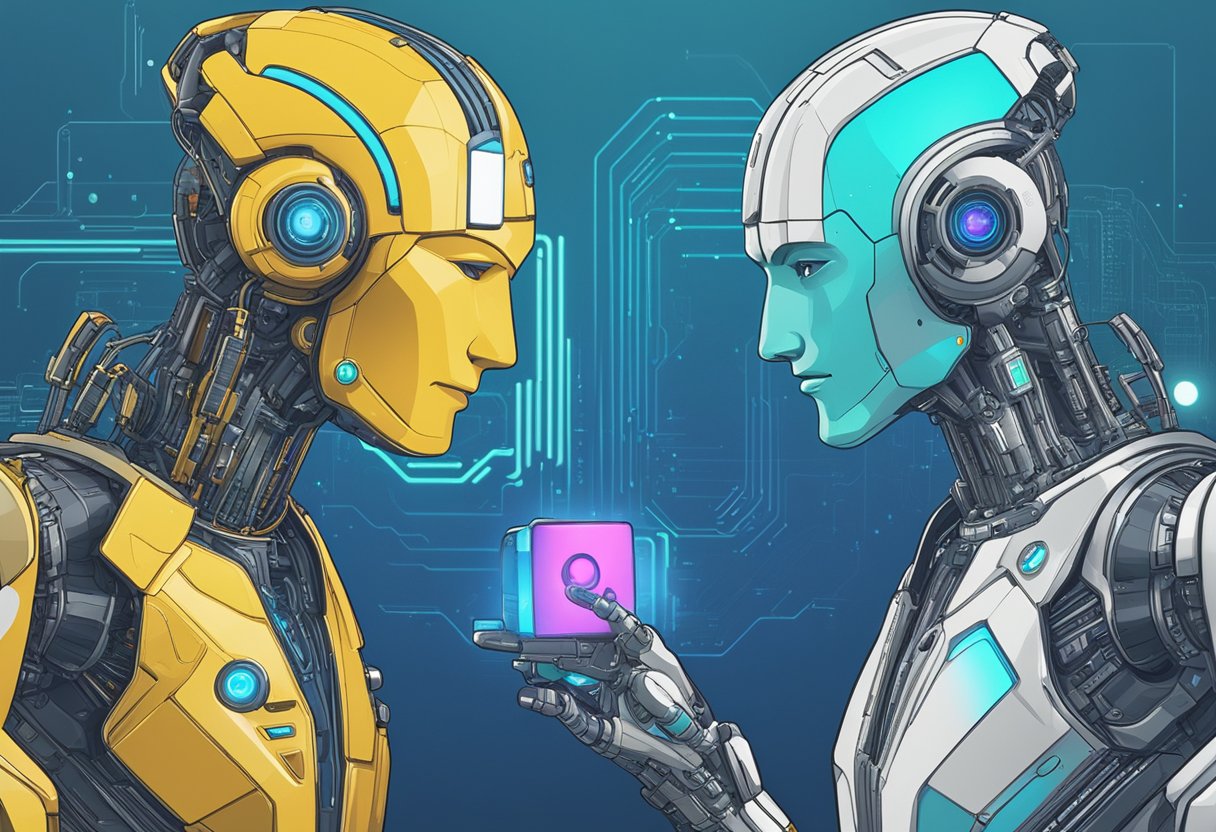 Dois chatbots de IA, DeePseek e ChatGPT, se enfrentando com interfaces futuristas, mostrando suas diferenças em uma conversa virtual.