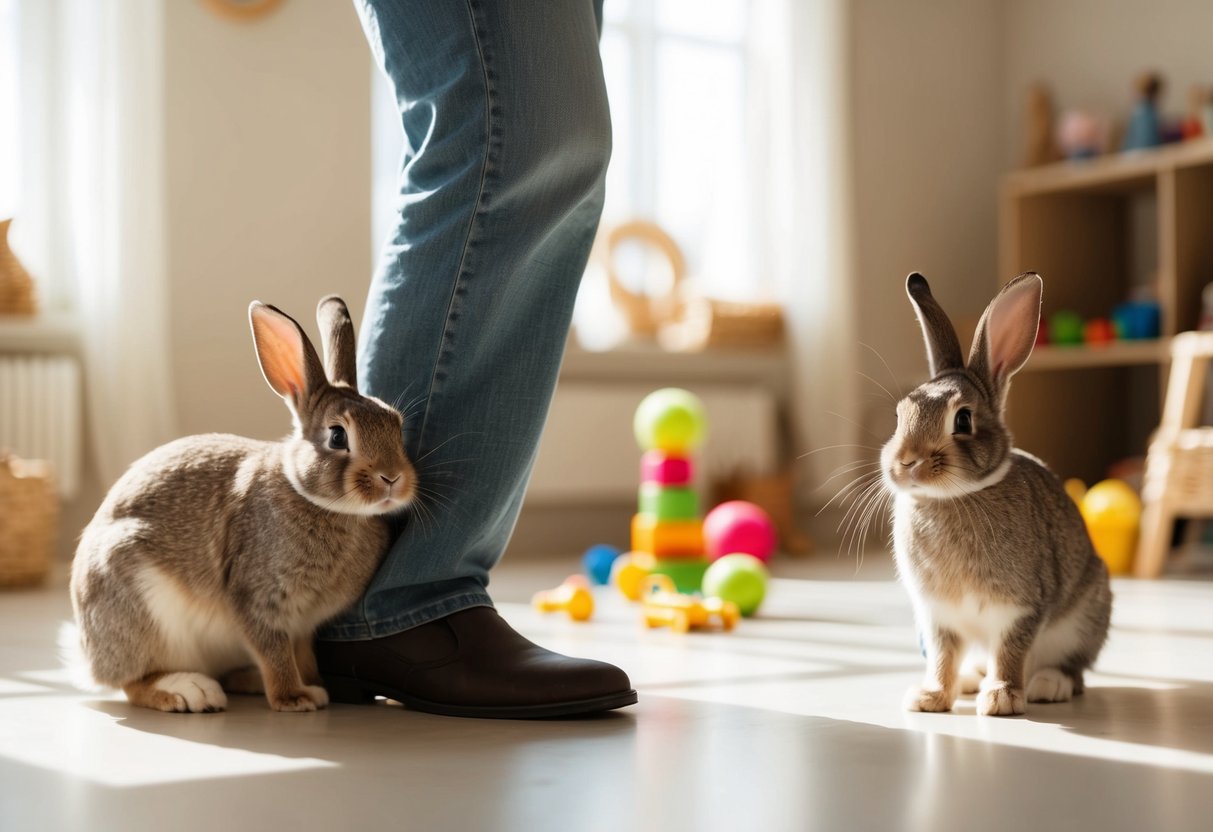 A rabbit nuzzles against its owner's leg, while another hops around a spacious, sunlit room filled with toys and cozy hiding spots