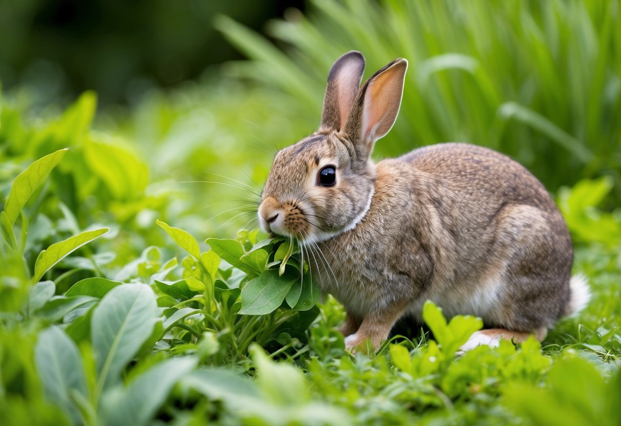 A rabbit surrounded by a variety of fresh green vegetation, eagerly nibbling and munching on the leaves and grass without pausing