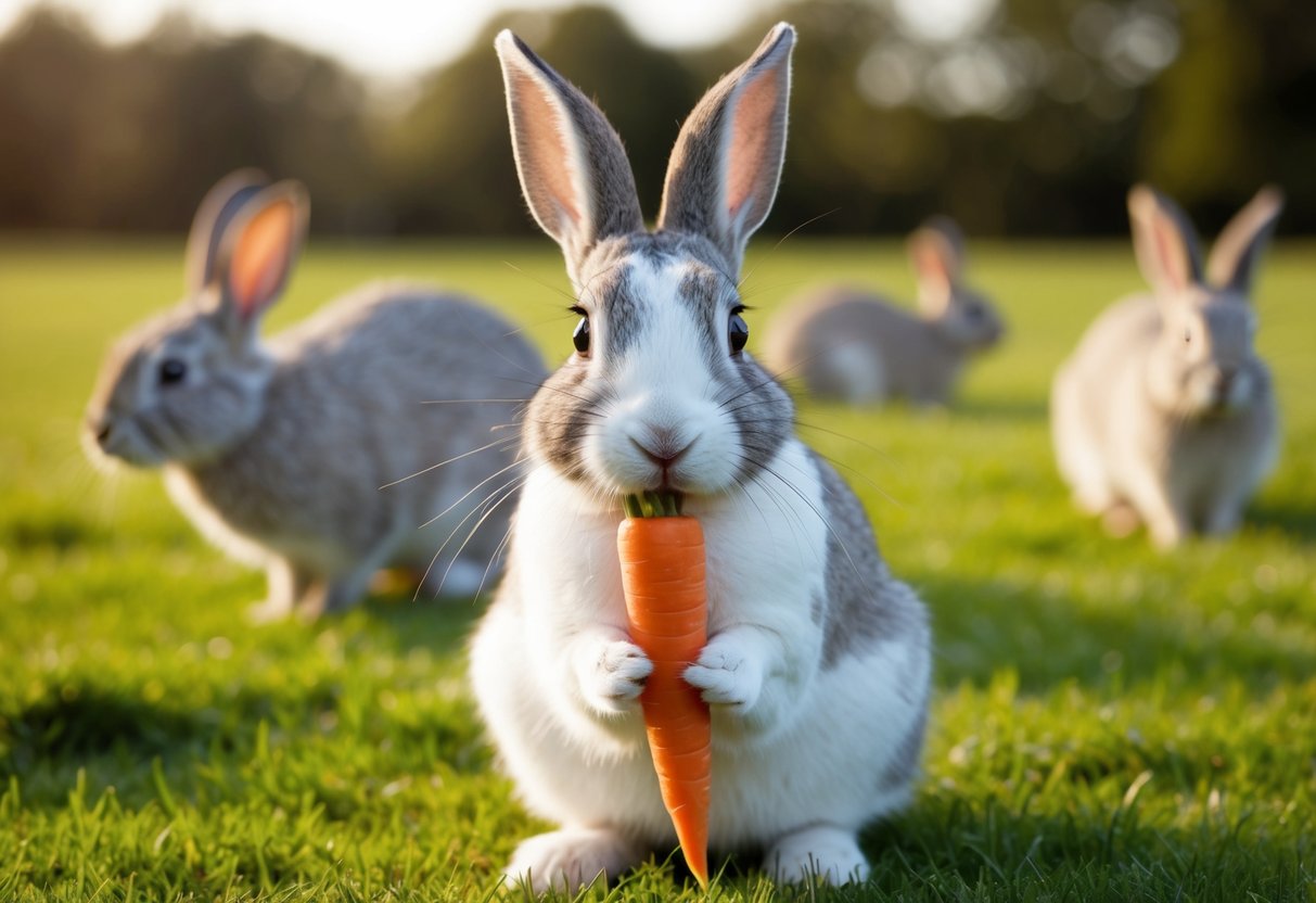 A rabbit nibbling on a carrot with its front teeth missing, while other rabbits graze in the background