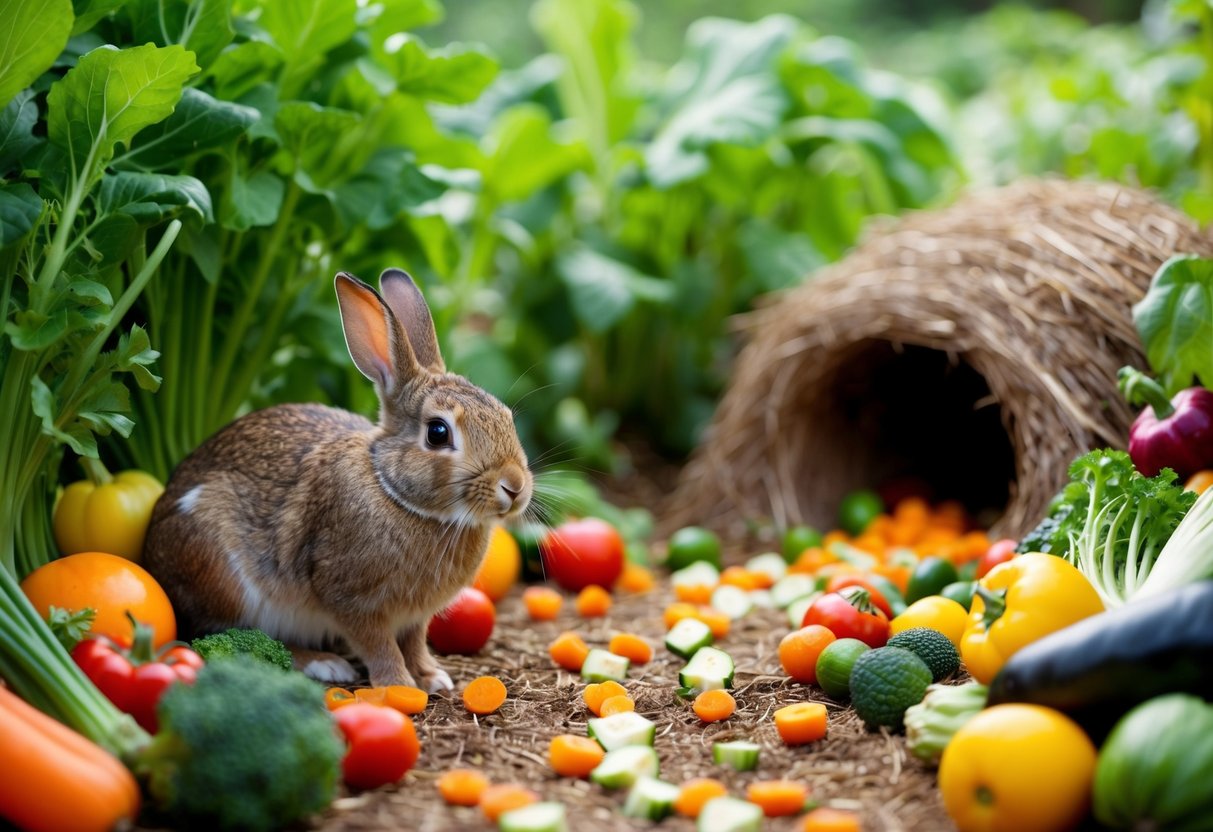 A rabbit surrounded by a variety of vegetables and fruits, with a continuous trail of food leading to its burrow