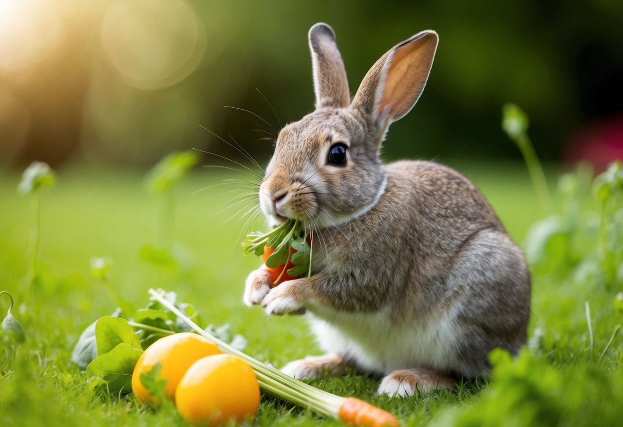 A rabbit happily munching on soft grass and vegetables, demonstrating its ability to live without front teeth