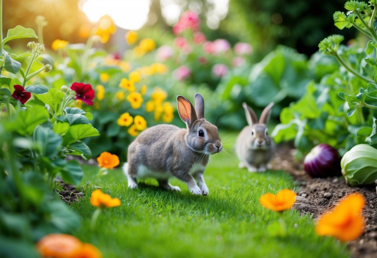 A lush garden with rabbits hopping among the flowers and vegetables