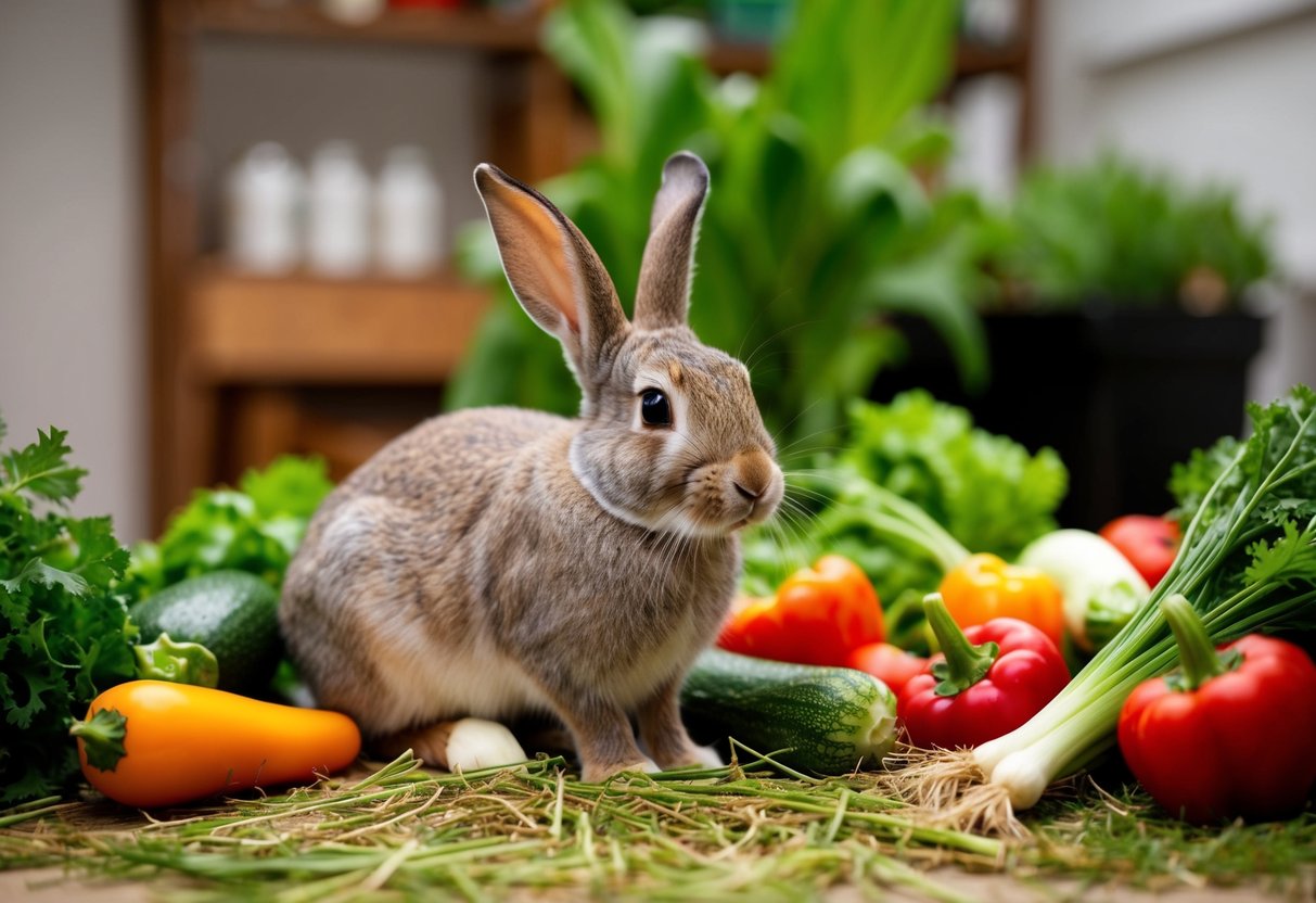 A rabbit surrounded by a variety of fresh vegetables and hay, munching continuously