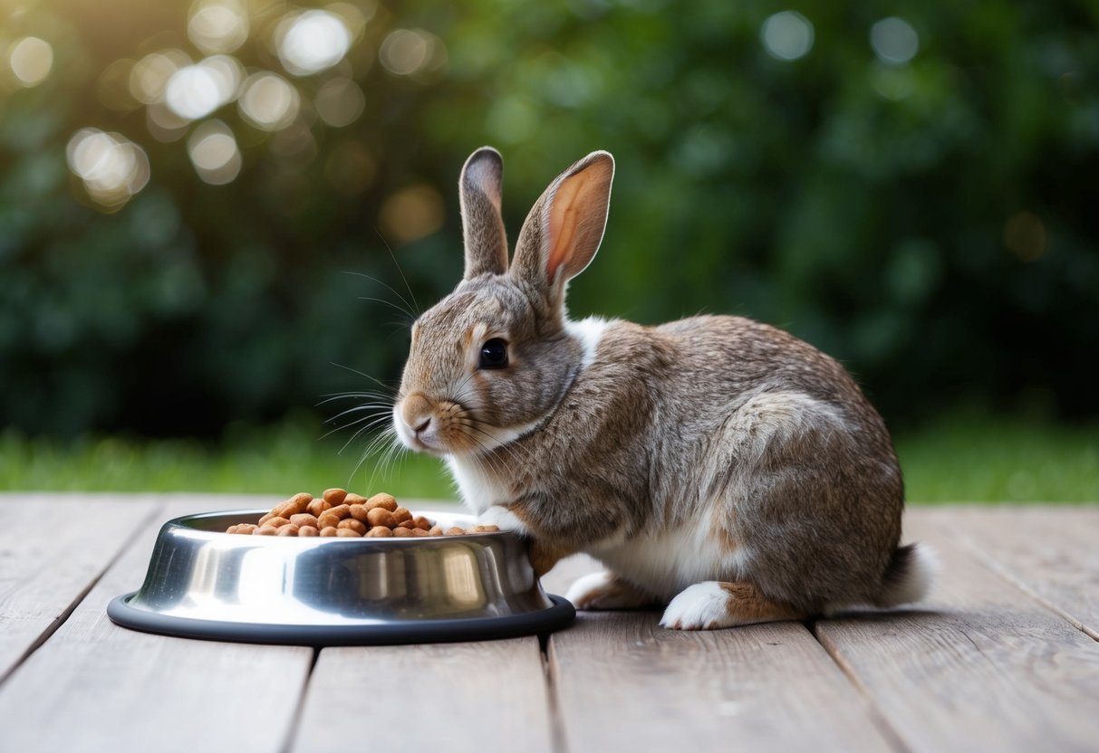 A rabbit sitting next to a full food bowl, with a drooping posture and a disinterested expression