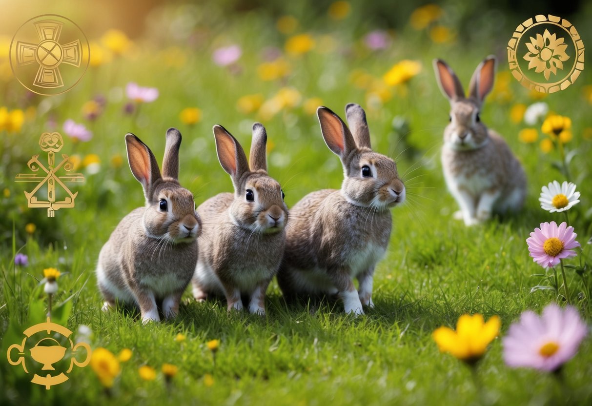A group of rabbits frolic in a lush meadow, surrounded by blooming wildflowers and ancient symbols of fertility and rebirth