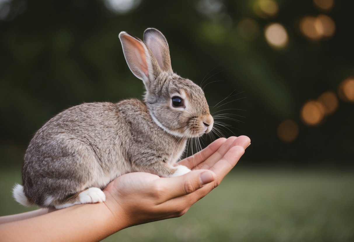A rabbit nuzzles a person's hand, showing affection