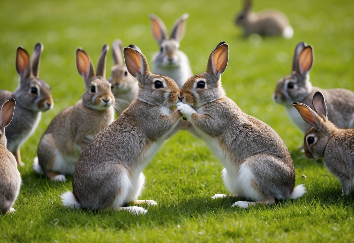 Two rabbits grooming each other in a grassy field, while a group of rabbits gather around them in a circle, watching and interacting with each other