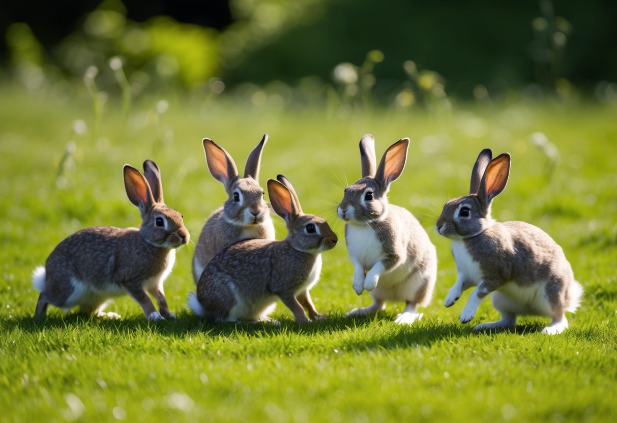 A group of rabbits frolic in a lush meadow, nibbling on fresh greens and chasing each other playfully
