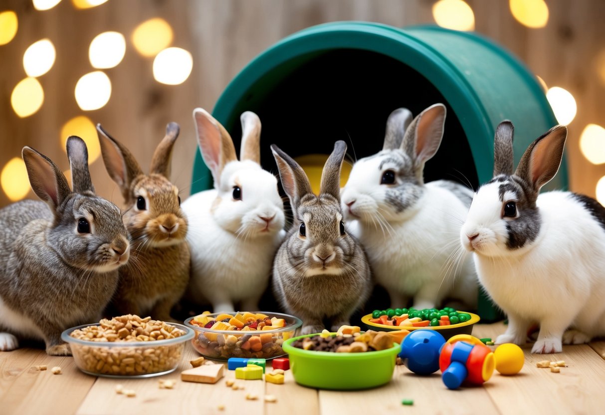 A variety of rabbit breeds surrounded by different types of food, toys, and shelter options, with some rabbits interacting with each other