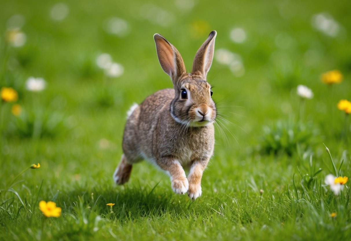 A rabbit hops through a lush meadow, its ears perked and eyes bright with joy