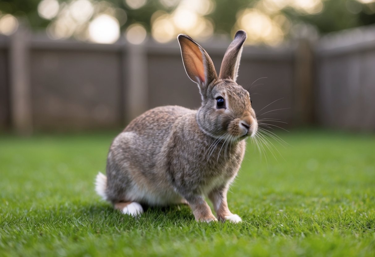 A rabbit sits in a spacious, grassy enclosure, ears perked up and nose twitching. Its body is relaxed and it hops around playfully