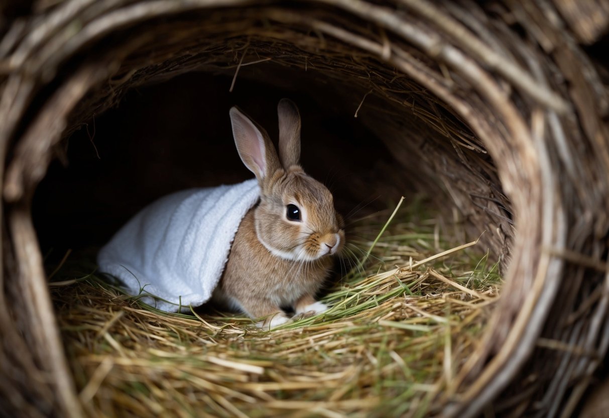 A bunny nestled in a cozy, dimly-lit burrow, munching on a pile of hay, with a small, soft blanket draped over its back