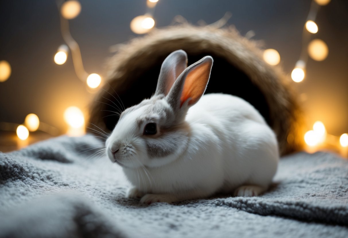 A cozy bunny burrow with dim lighting and soft bedding, surrounded by quiet, soothing sounds