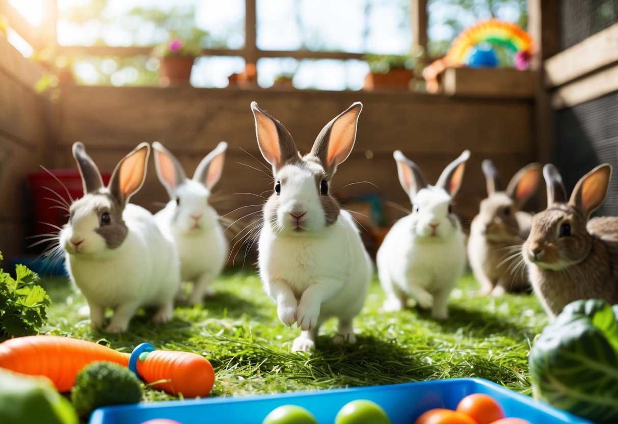A group of lively rabbits hop and play in a spacious, sunlit enclosure filled with soft bedding, colorful toys, and fresh vegetables
