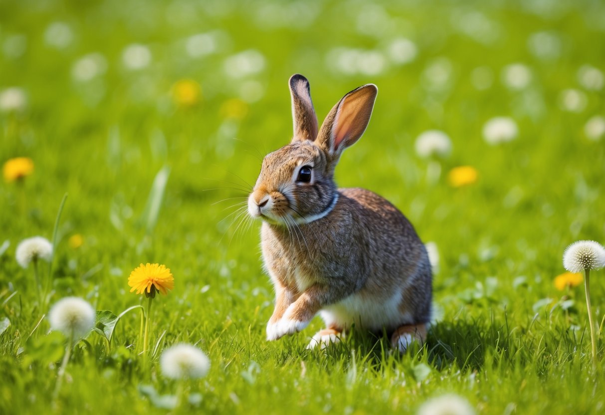 A rabbit hopping through a field of fresh green grass, nibbling on clover and dandelions, and basking in the warm sunshine