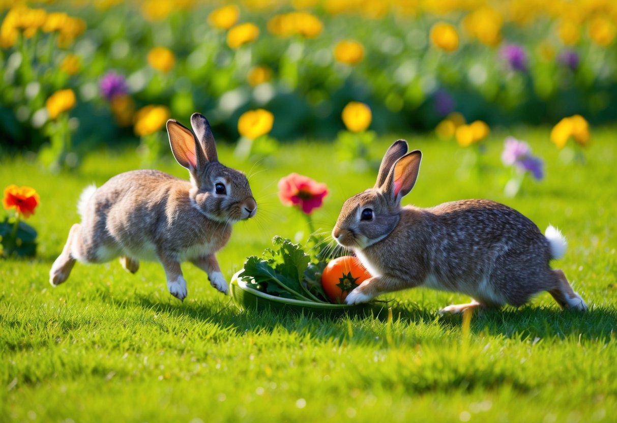 Rabbits hop and play in a field of colorful flowers and lush green grass. They nibble on fresh vegetables and chase each other in the warm sunshine