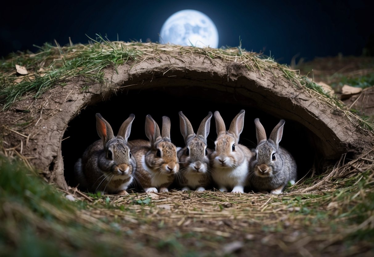Rabbits huddled together in a cozy burrow, surrounded by darkness, with only the faint glow of the moonlight seeping through the entrance
