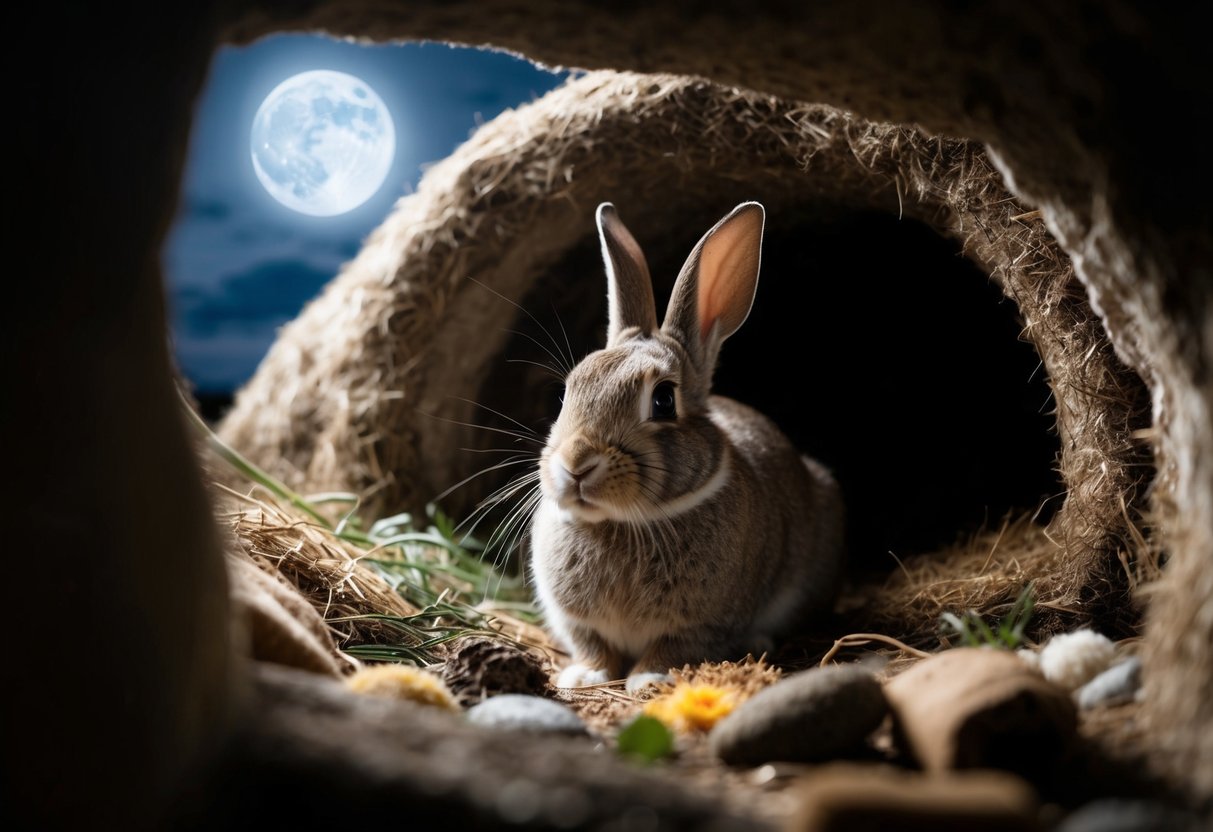 A rabbit sits in a dimly lit burrow, surrounded by soft bedding and natural materials. Outside, the moon casts a gentle glow through the entrance, providing a sense of security and comfort