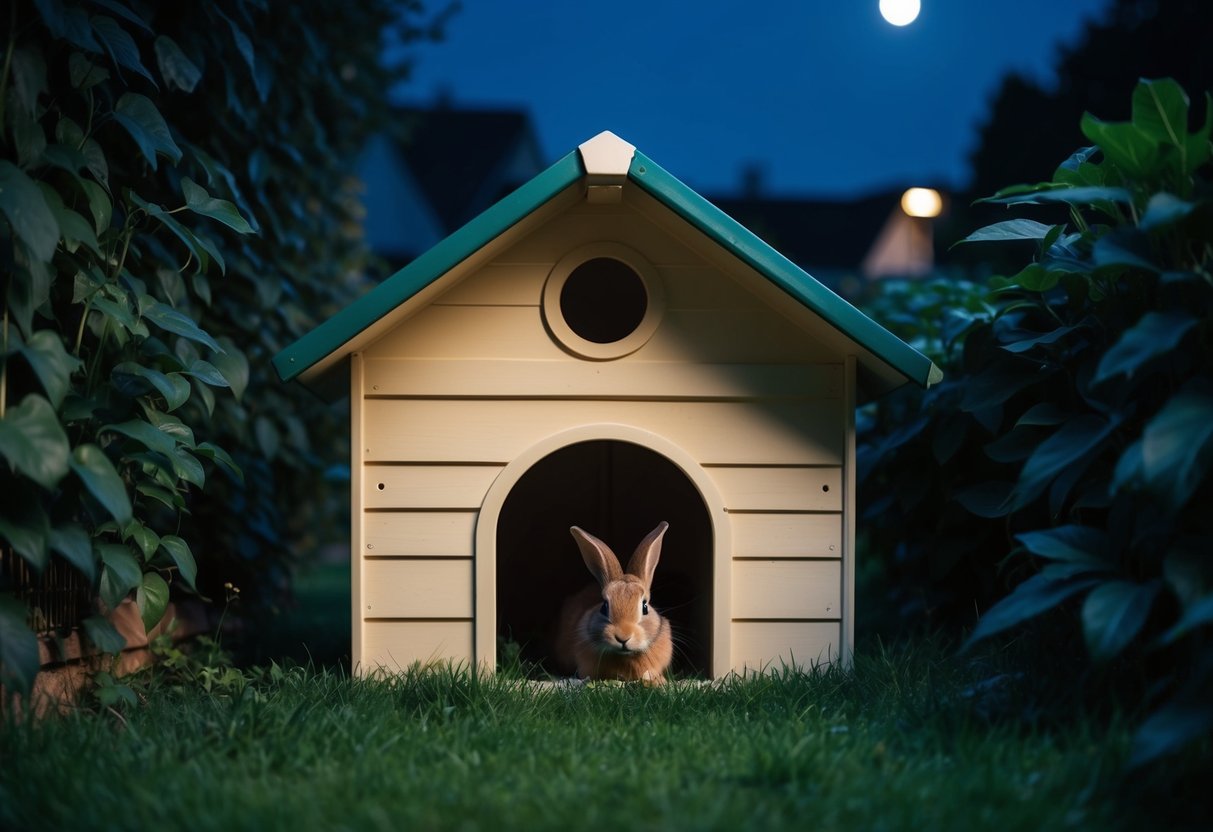 A cozy rabbit hutch nestled in a dimly lit corner of a peaceful, leafy garden at night, under the soft glow of a moonlit sky