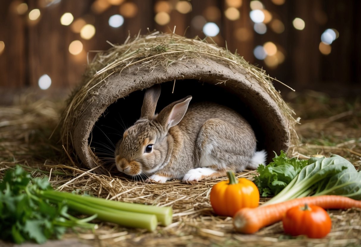 A tired rabbit slumps in a cozy burrow, surrounded by scattered hay and half-eaten vegetables