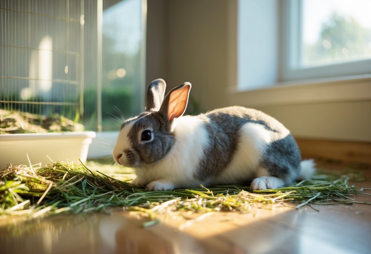 An indoor rabbit lounges in a spacious, clean enclosure with fresh hay and water. Sunlight streams in through a nearby window, casting a warm glow on the contented rabbit