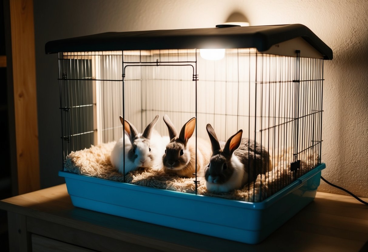 A rabbit hutch sits in a dimly lit room, with a small night light providing a soft glow. The rabbits are nestled in their bedding, peacefully resting