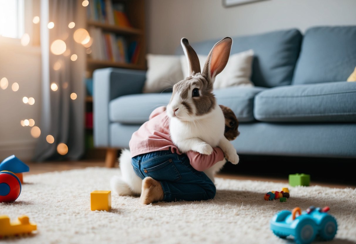 A bunny cuddles with a child, hopping around a cozy living room with toys scattered on the floor