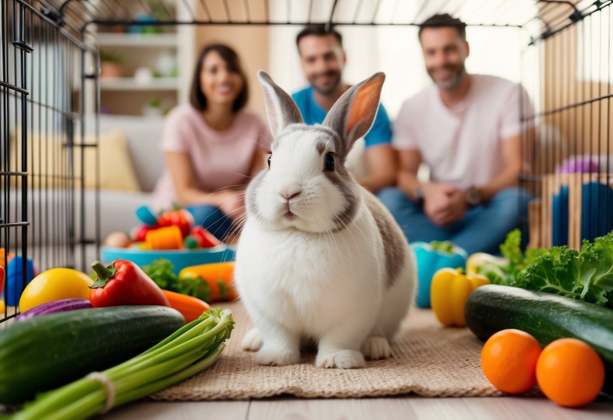 A happy bunny sitting in a cozy cage, surrounded by colorful toys and fresh vegetables, with a loving family watching from the background