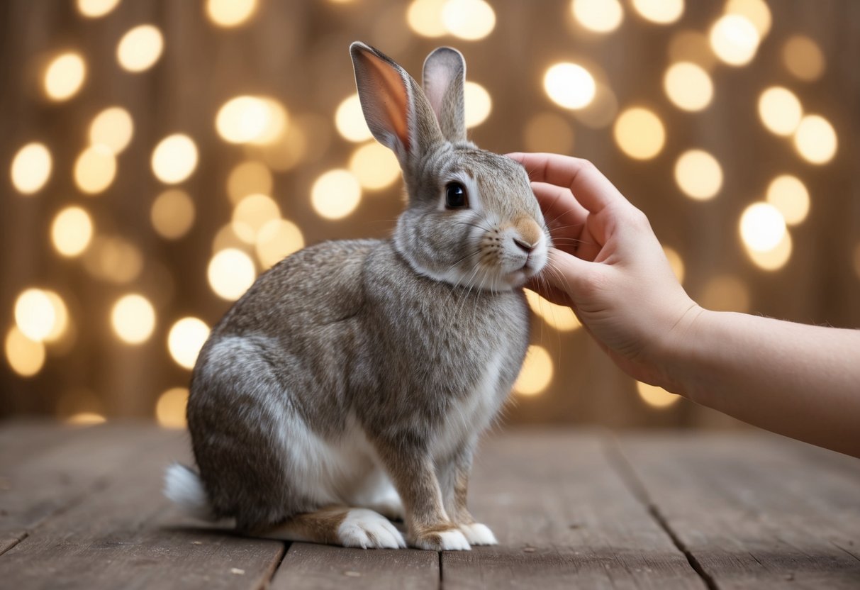 A rabbit sitting calmly while being gently petted on its head and back