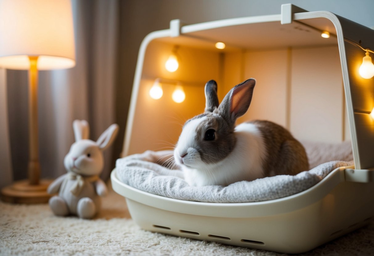 A cozy rabbit hutch with soft bedding, dim lighting, and a gentle lullaby playing in the background
