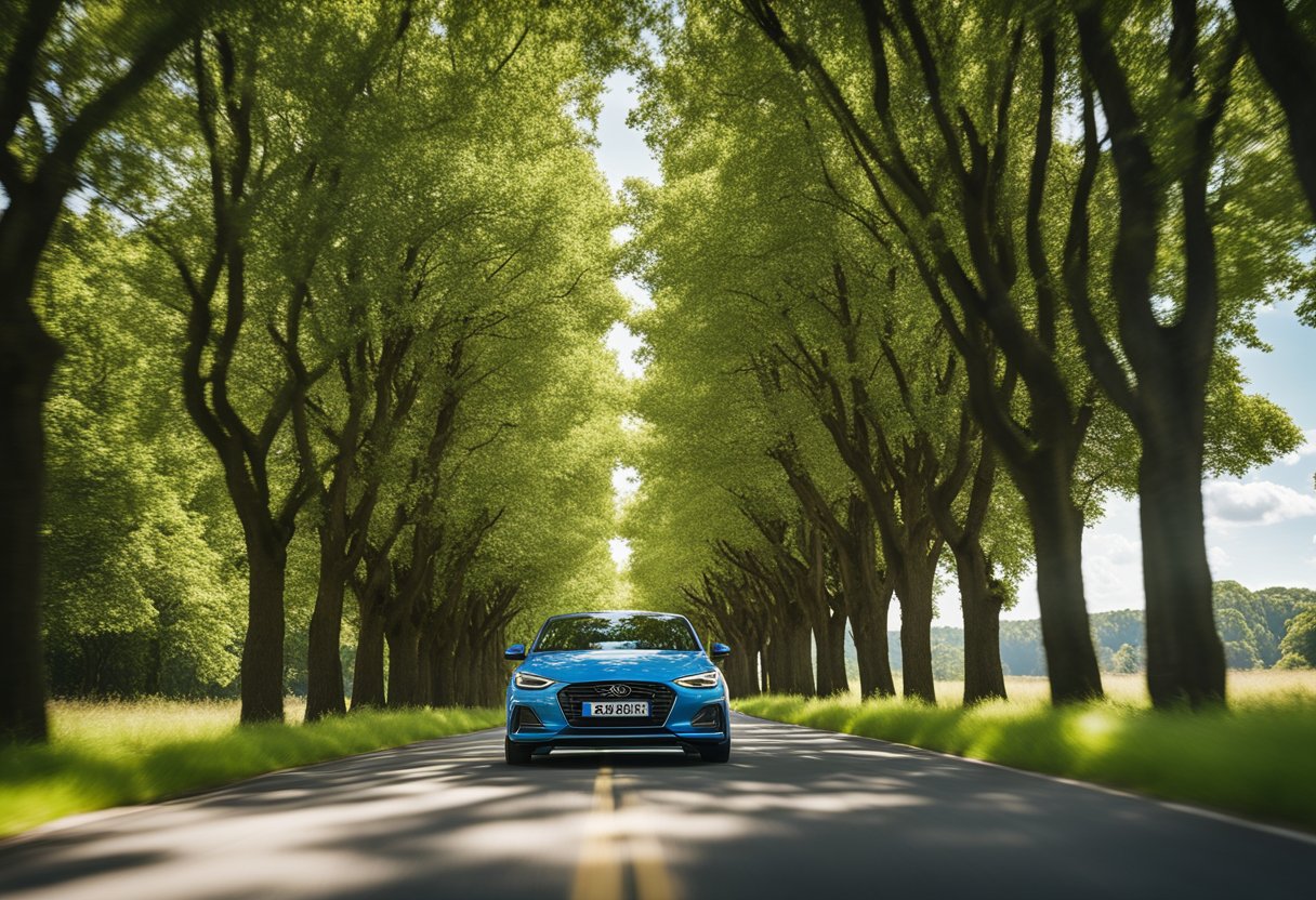 A car driving smoothly down a tree-lined road, with a bright blue sky and a few fluffy white clouds overhead