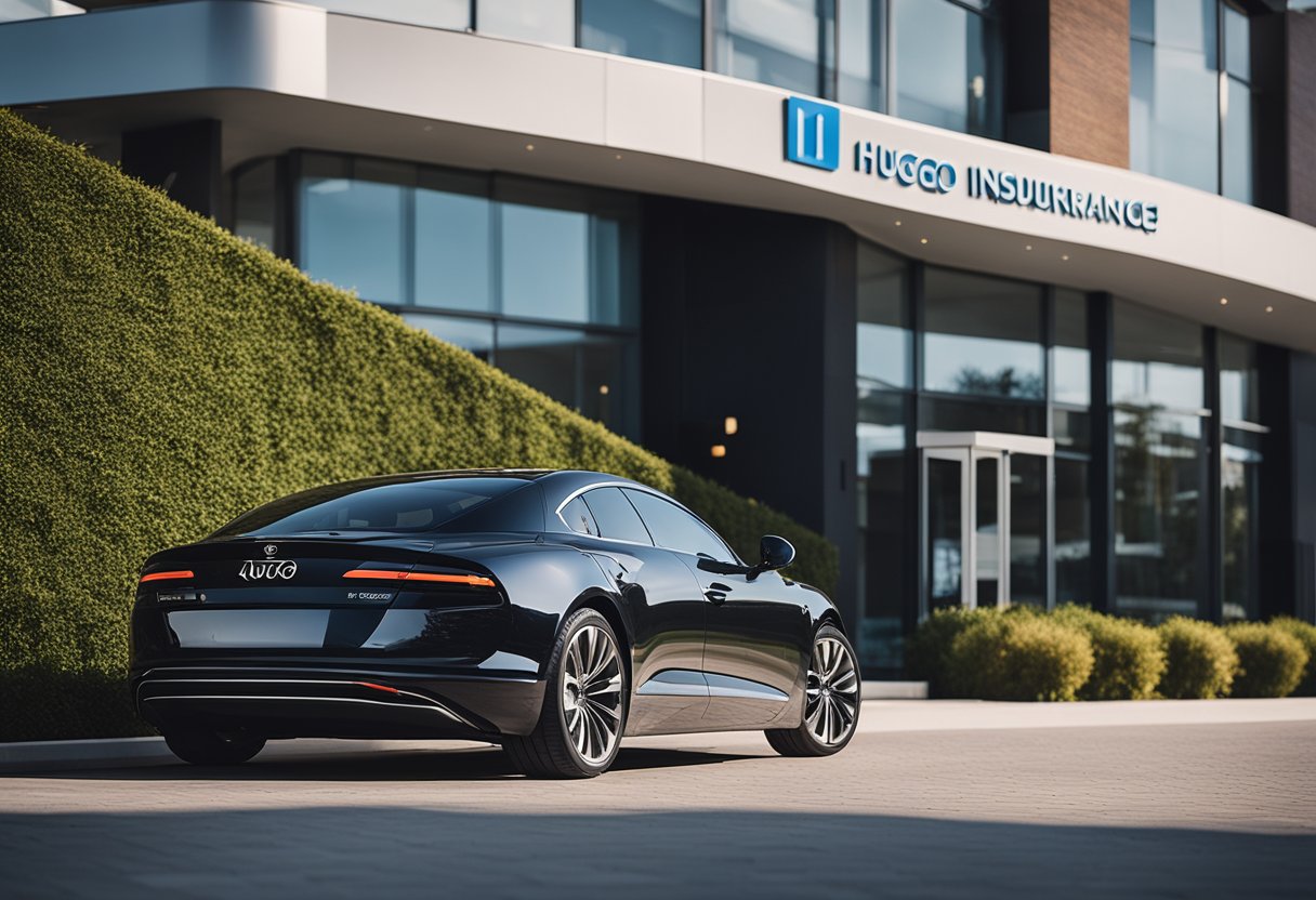 A sleek, modern car parked in front of a bright, welcoming insurance office with a bold "Hugo Auto Insurance" sign
