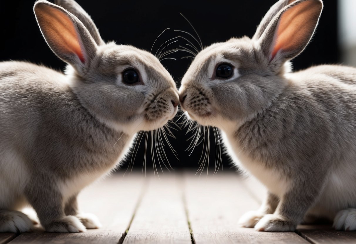 Two bunnies nuzzle each other, their noses touching, while their ears are perked up and their tails are raised in a happy, affectionate gesture