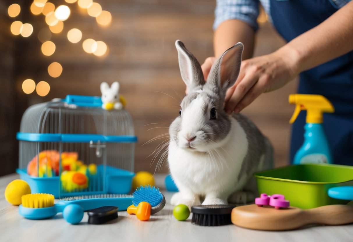 A rabbit surrounded by various grooming tools and toys, with a person gently brushing its fur and another person cleaning its cage