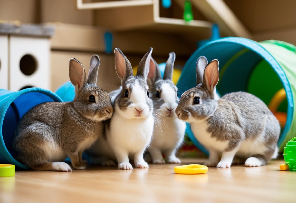 A group of rabbits interacting in a spacious, enriched environment with hiding spots, toys, and tunnels