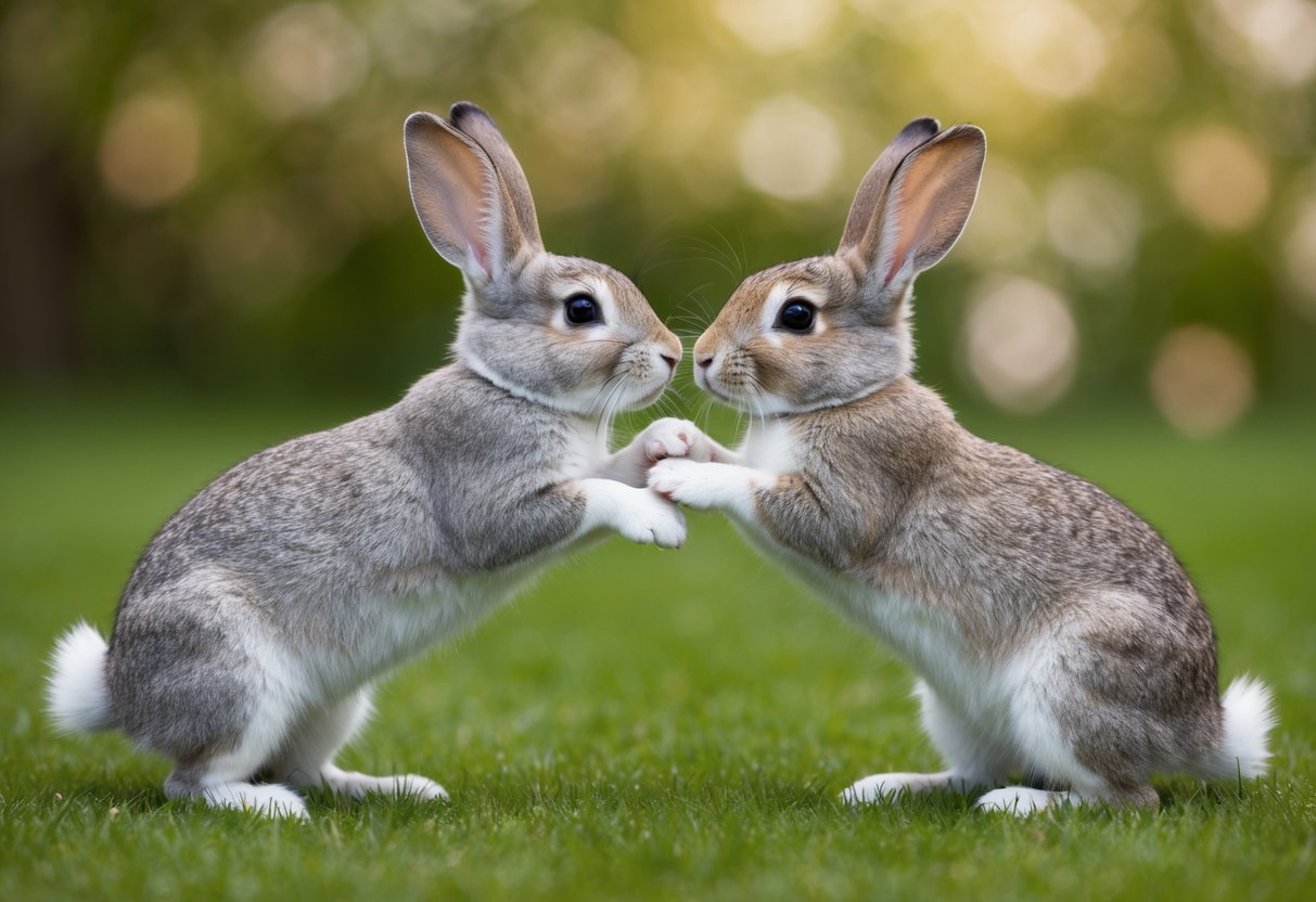 Bunnies nuzzle and hop in circles, their ears perked up and tails twitching in excitement. They may also groom each other or lay side by side, gently touching noses